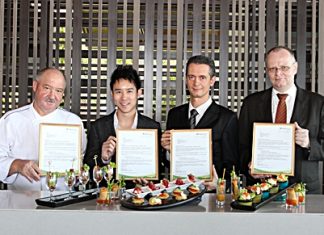 Four of the Royal Cliff Hotels Group’s 11 restaurants recently received top honors from Trip Advisor. Proudly showing off their awards are (l-r) Executive Chef Walter Thenisch, Executive Director Vitanart Vathanakul, General Manager Christoph Voegeli and Senior Food & Beverage Director Max Josef Huber.